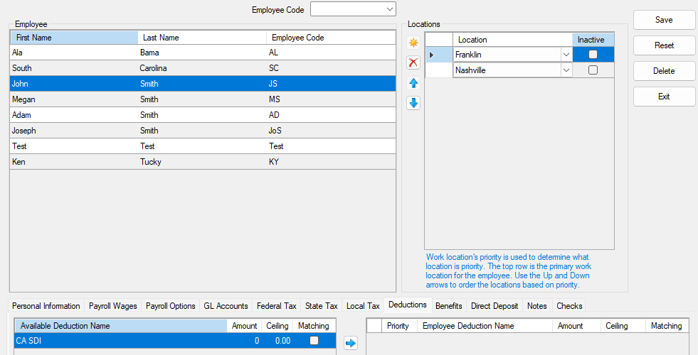 Deduction tab for adding CA SDI